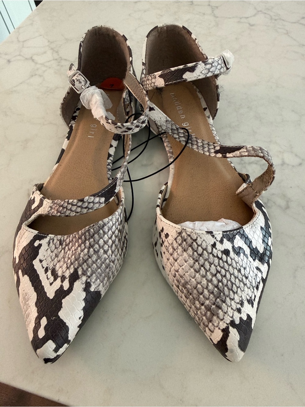 Women's Madden Girl Pointed Snake-Print Ankle-Strap Flats in Black & White